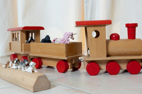 Spielzeugtiere, darunter ein Gorilla und ein Einhorn,  fahren mit einem Holzzug. An der Bahnsteigkante warten noch drei Hunde darauf, einsteigen zu dürfen
