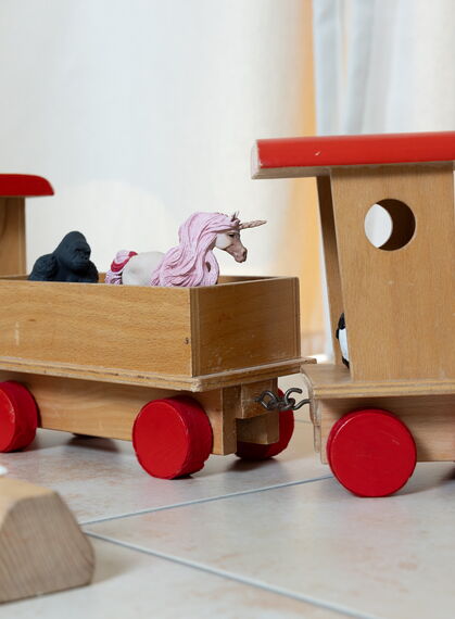 Spielzeugtiere, darunter ein Gorilla und ein Einhorn,  fahren mit einem Holzzug. An der Bahnsteigkante warten noch drei Hunde darauf, einsteigen zu dürfen